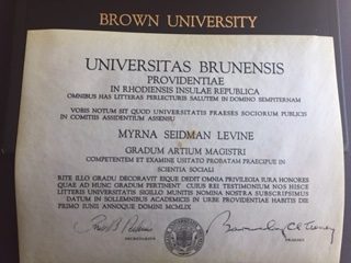 Master of Arts in social science, Brown University, Providence, Rhode Island, June 1, 1959, awarded to Myrna Seidman Levine.