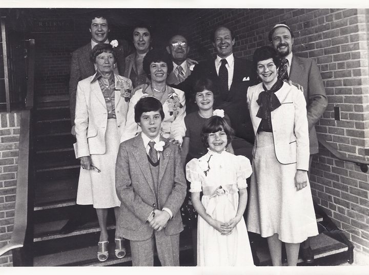 The family at Jesse’s bar mitzvah, early 1980s. Myrna’s two nieces are in the first and second rows.