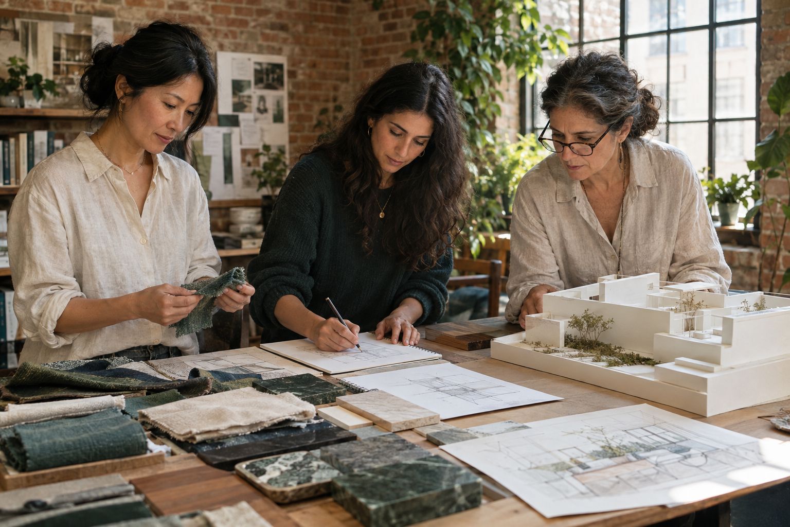 Three women reviewing material samples and an architectural model in a design studio