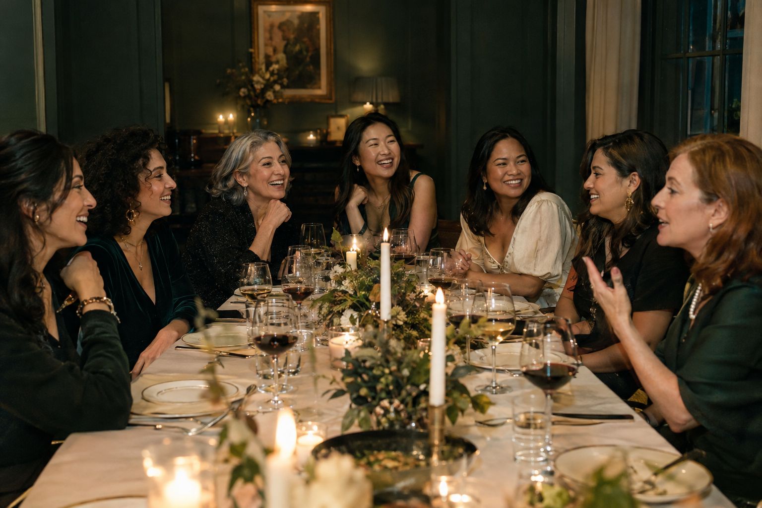 Women gathered around a candlelit dinner table, talking and laughing