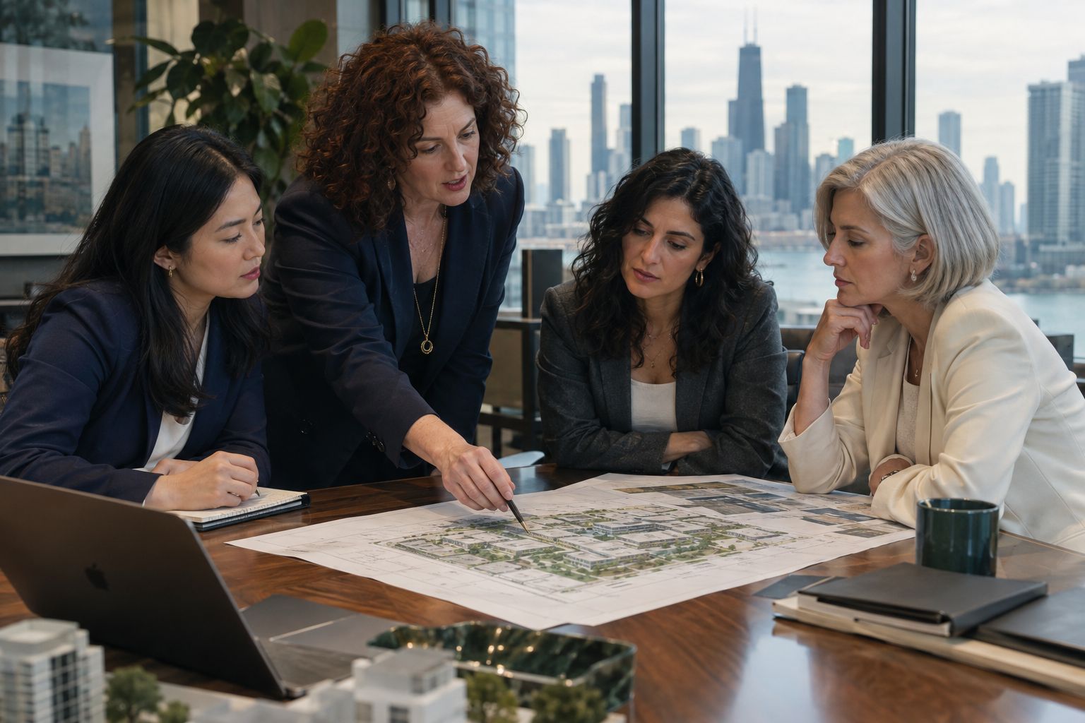 Four women reviewing site plans around a conference table in a Chicago office