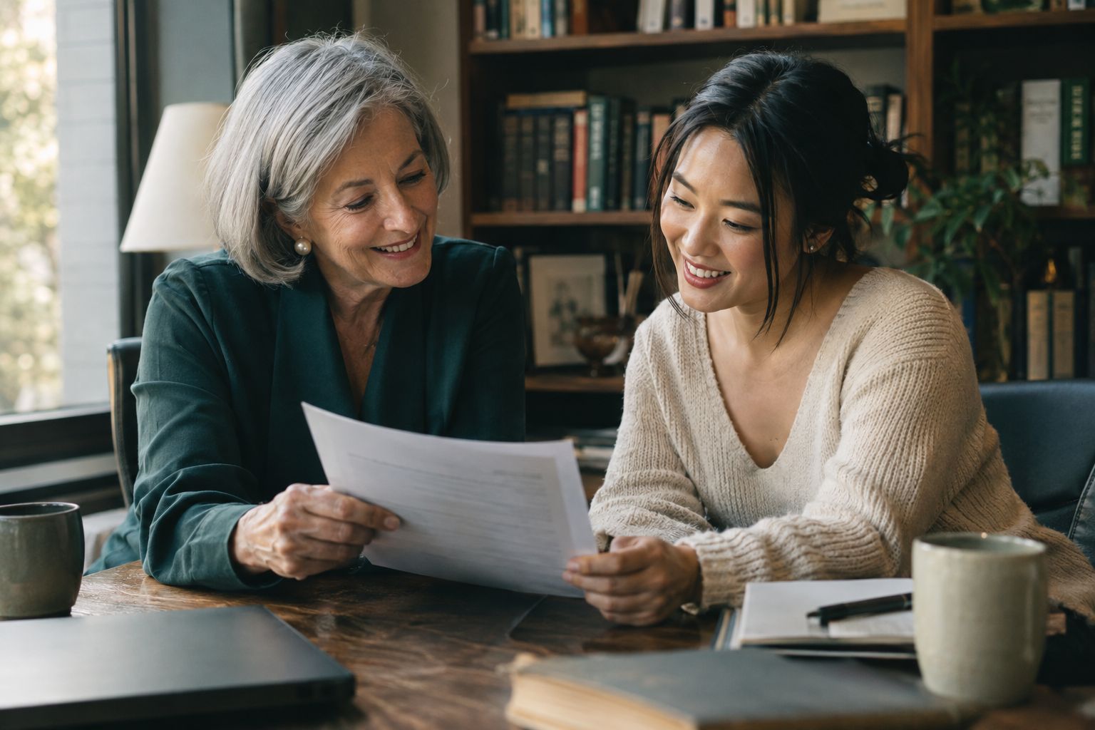 An older woman mentoring a younger colleague over a printed proposal