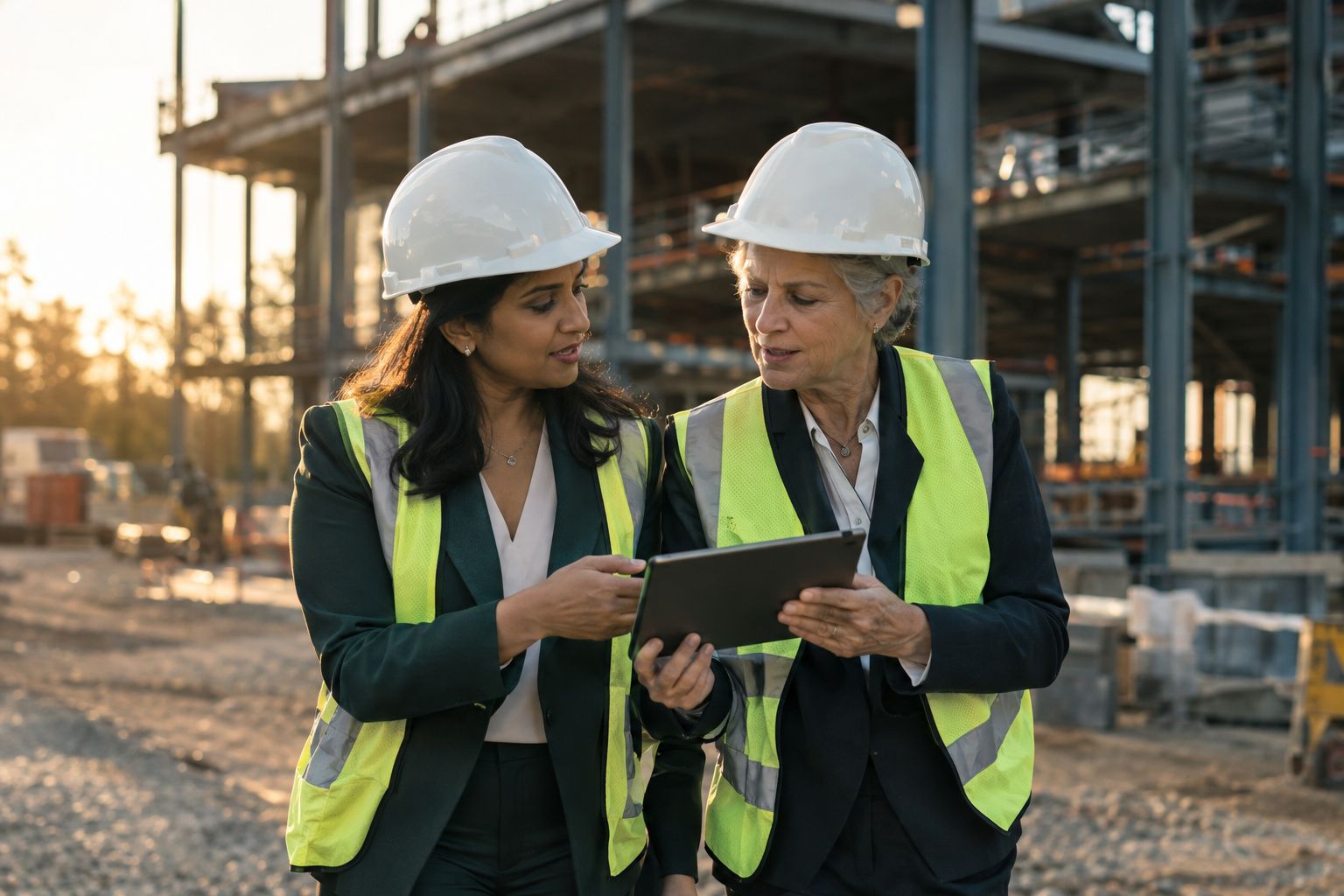 Two women developers in hard hats reviewing a tablet on a construction site